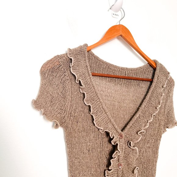 Y2K Ruffled Olive Knit Short Sleeve Cardigan Blouse - Picture 4 of 7